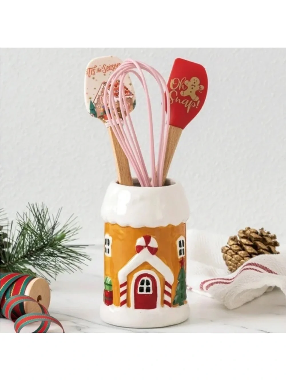 Ceramic Gingerbread House Utensil Holder with Pink Silicone Whisk